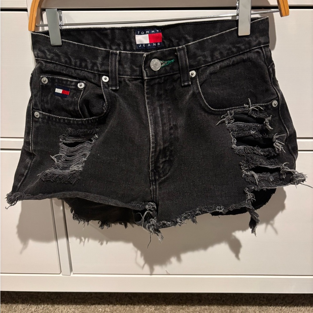 Vintage Tommy Jeans Black Distressed Denim Shorts